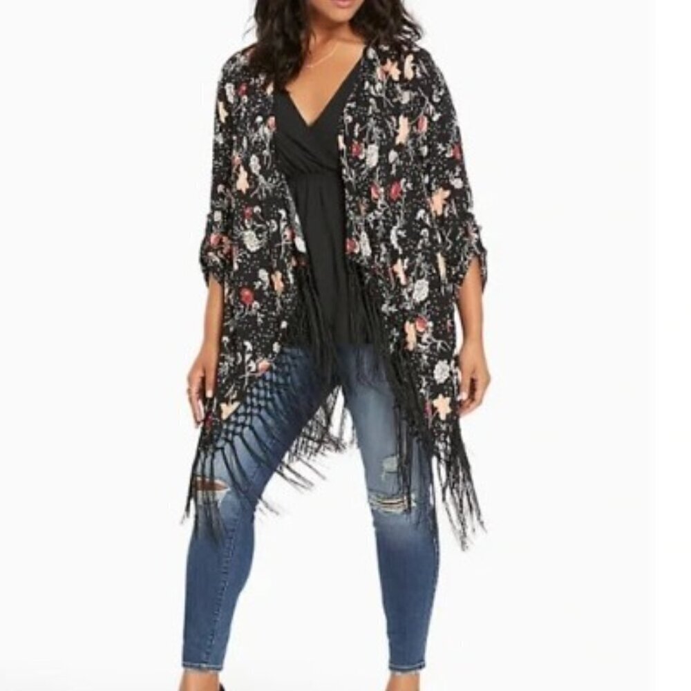 Torrid Multi Color Floral Fringe Open Front Long Sleeve Duster Kimono 1 1X 14/16
